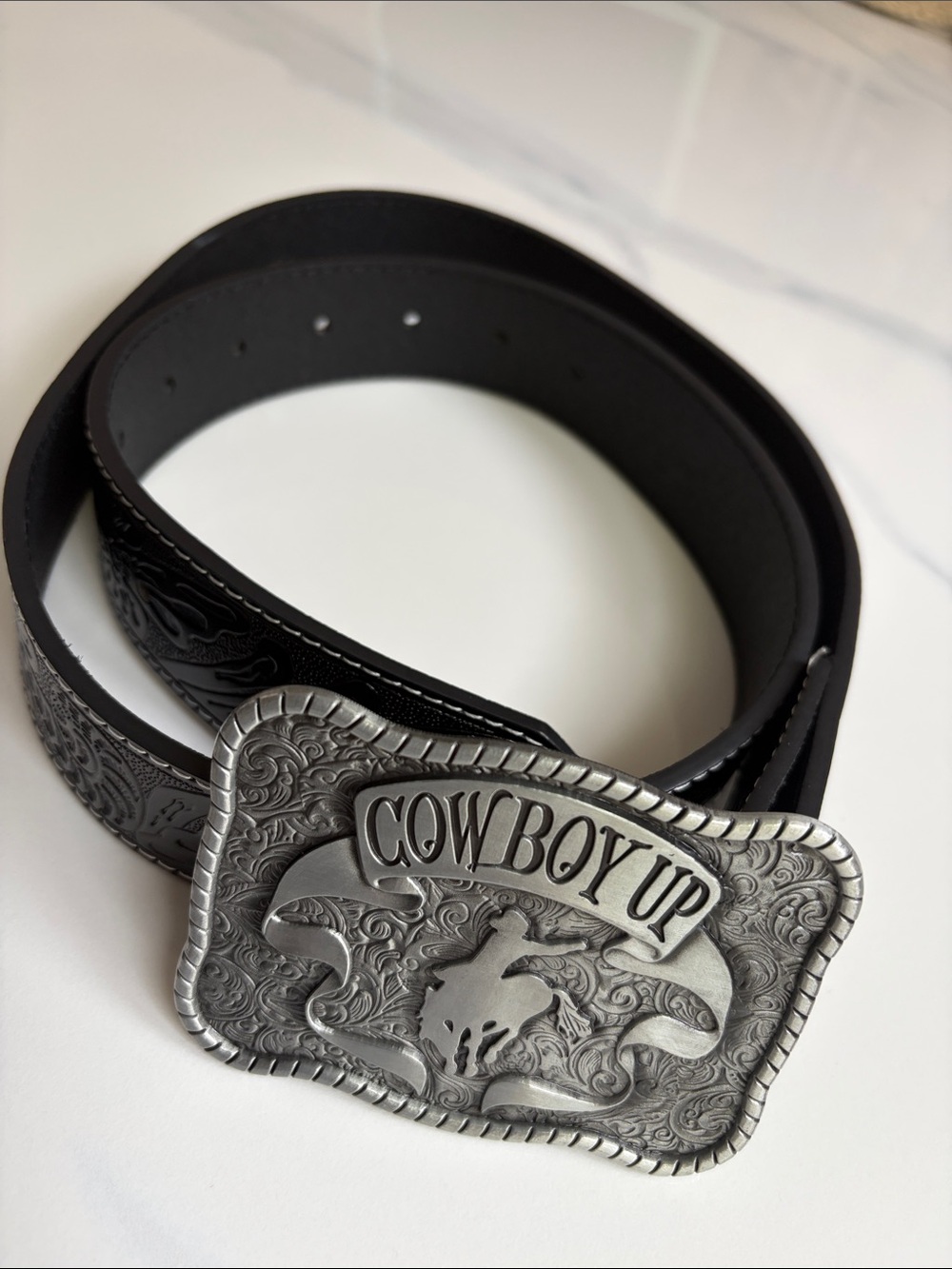 Cowboy Up Western Floral Tooled Black Leather Belt Large XL Silver Trophy Buckle